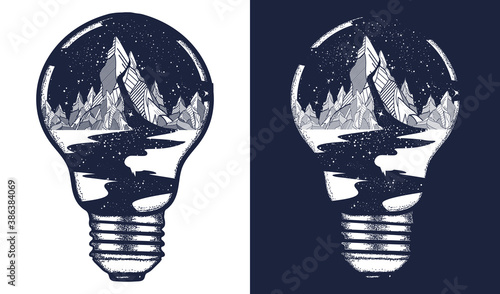 Mountains in a light bulb, tattoo. Symbol of a travel, tourism. Outdoor t-shirt design. Black and white vector graphics