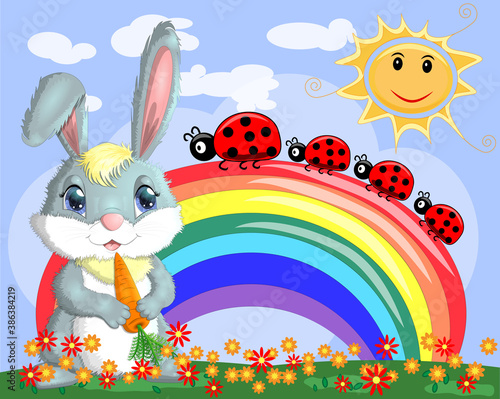 Bunny with a carrot in the meadow near the rainbow. Spring  postcard