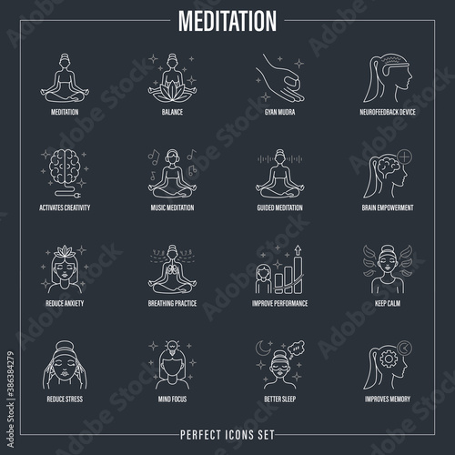 Meditation set  girl in lotus pose  neurofeedback device  gyan mudra  balance  reduce stress  guided meditation  breathing practice better sleep  improves memory. Thin line icons. Vector illustration.