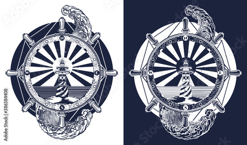 Steering wheel, lighthouse and storm. Tattoo and t-shirt design. Black and white vector graphics