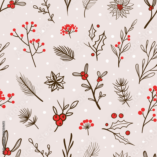 Beautiful winter pattern with red berries on light beige background. Christmas wrapping paper. Vector seamless pattern with natural design. 