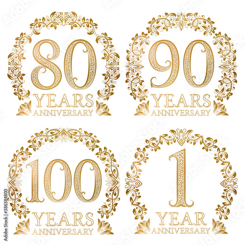 Set of golden anniversary seals. Eightieth, ninetieth, hundredth, first years signs in vintage style.