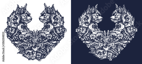 Two cats in the form of heart tattoo and t-shirt design. Symbol of feeling, love, passion. Black and white vector graphics