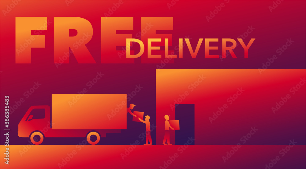 Free delivery offer - truck and people loaders silouette in cute colorful paper decoration - vector banner