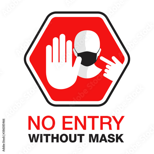 Mask required warning prevention sign stylized as stop roadsign - face silhouette with mask in rounded rectangular frame - isolated vector information picture