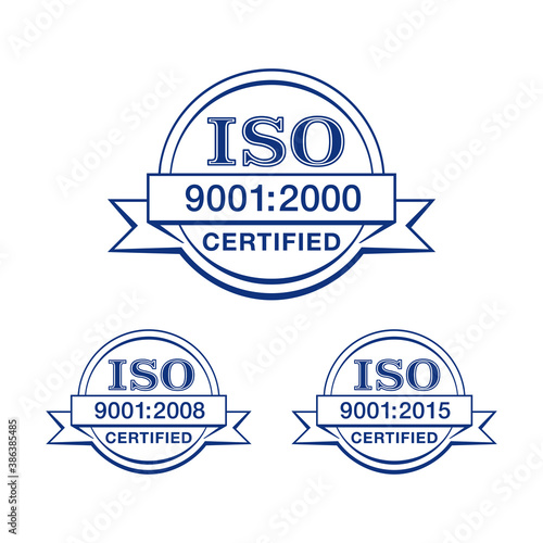 ISO 9001 certified thin line stamp in 3 versions - year 2000, 2008 and 2015 - quality management system international standard emblem - isolated vector sign