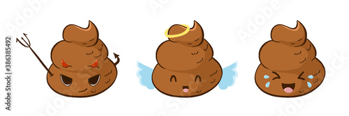 Vector set of funny poop emoji devil, angel and laughing.