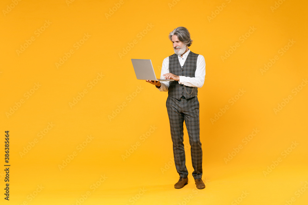 Full length of elderly gray-haired business man in checkered suit waistcoat white shirt working on laptop pc computer isolated on yellow background studio portrait. Achievement career wealth concept. Full length of elderly gray-haired business man in checkered suit waistcoat white shirt working on laptop pc computer isolated on yellow background studio portrait. Achievement career wealth concept.