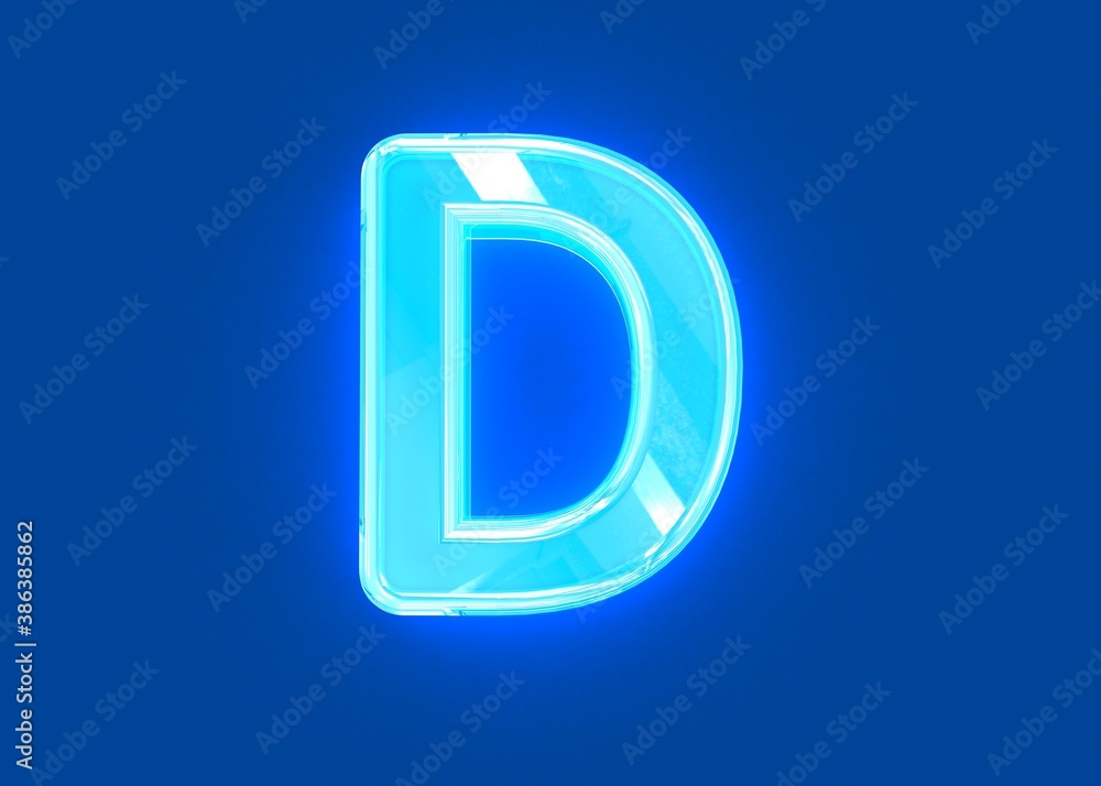 Blue glossy neon light glass made crystal alphabet - letter D isolated on dark blue, 3D illustration of symbols Blue glossy neon light glass made crystal alphabet - letter D isolated on dark blue, 3D illustration of symbols
