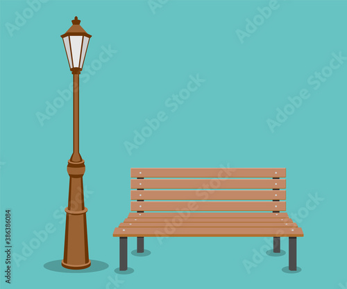 Bench and streetlight isolated on background. Vector illustration.