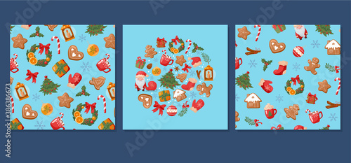 Winter template with New Year's illustrations and prints. Cute christmas banner design in cartoon style. Set of festive elements, christmas tree, santa claus, gingerbread cookies and more.