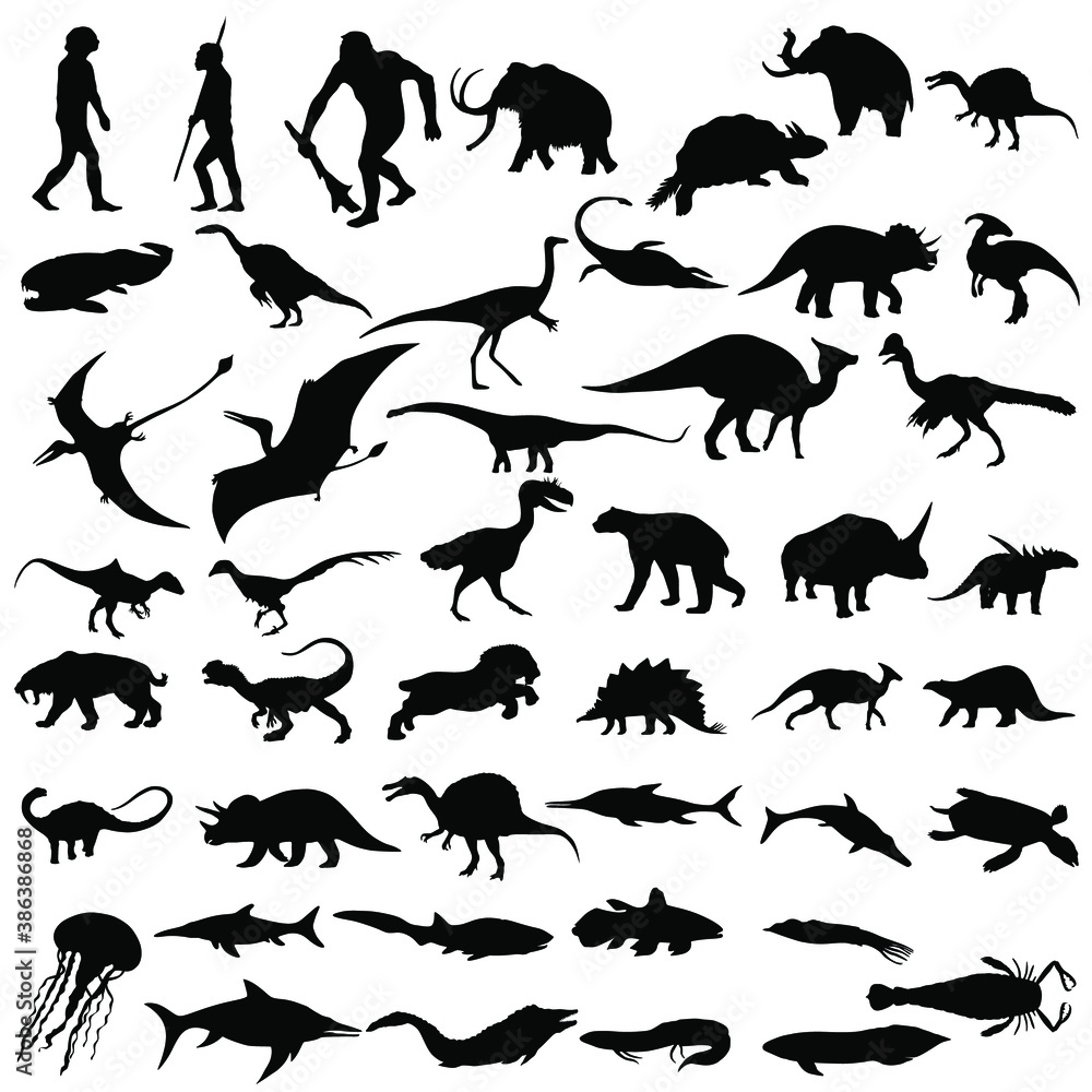 Fototapeta premium Set of vector silhouettes of dinosaurs. Collection of dinosaurs. Black ancient animals. Ancient animals silhouette, vector illustration.