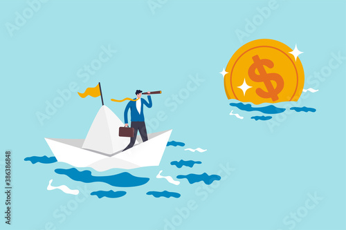 Financial planning target, vision and strategy for financial freedom or retirement saving goal concept, businessman salary man investor riding the boat using telescope to see far golden money coin.