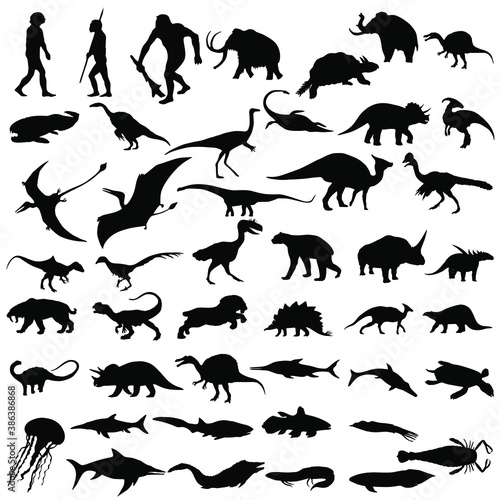 Set of vector silhouettes of dinosaurs. Collection of dinosaurs. Black ancient animals. Ancient animals silhouette  vector illustration.