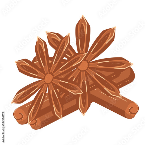 Isolated brown cinnamon sticks and anise flowers. Colorful cartoon flat vector illustration of delicious and aromatic spices for culinary and coffee. Decorative design elements.