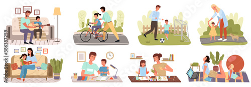 Family life style concept vector flat icon set. Care, trust and support between parents and children. Educating and teaching kid. Young parents mother father fun teaching children. Parent help teach © robu_s