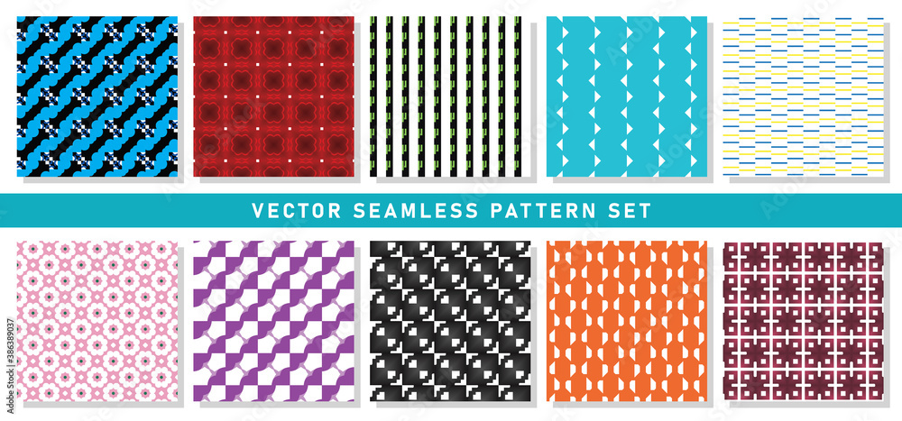 Vector seamless pattern texture background set with geometric shapes in blue, black, white, red, green, yellow, pink, purple, orange colors.