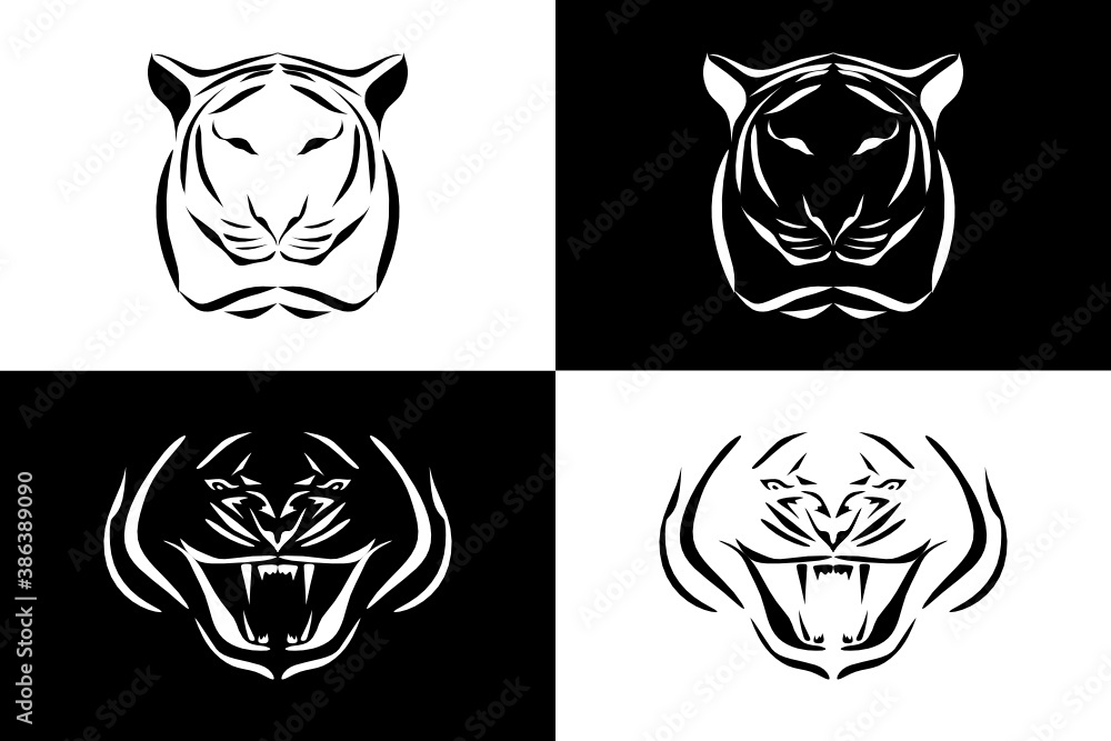 Vector bundle of lion and tiger head illustration in black and white style.