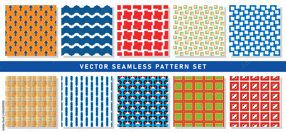 Vector seamless pattern texture background set with geometric shapes in orange, blue, red, white, green, yellow, black colors.