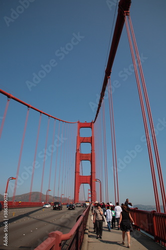 View of People and cars walking on Golden Gate bridge in San Francisco, USA