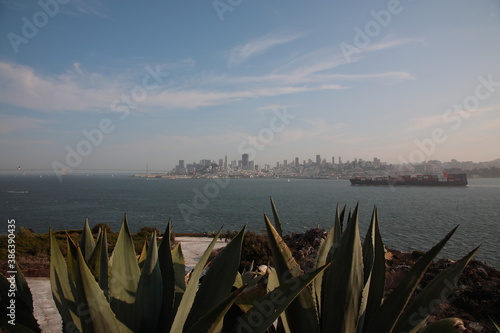 View of San Francisco skyline from Alcatraz Island in San Francisco, California, USA.