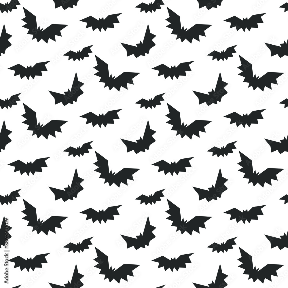 Seamless vector Halloween bat pattern. Scary repeat bat background for fabric, textile, cover, wrapping, web etc. 10 eps design. Black and white wallpaper.