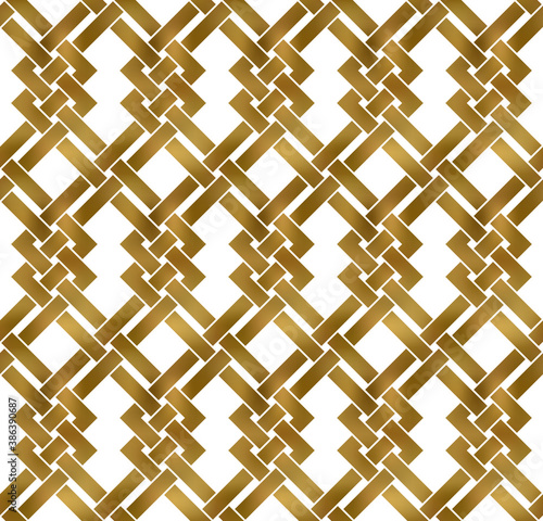 Abstract repeatable pattern background of golden twisted strips. Swatch of gold intertwined zigzag bands. Seamless pattern in modern style.