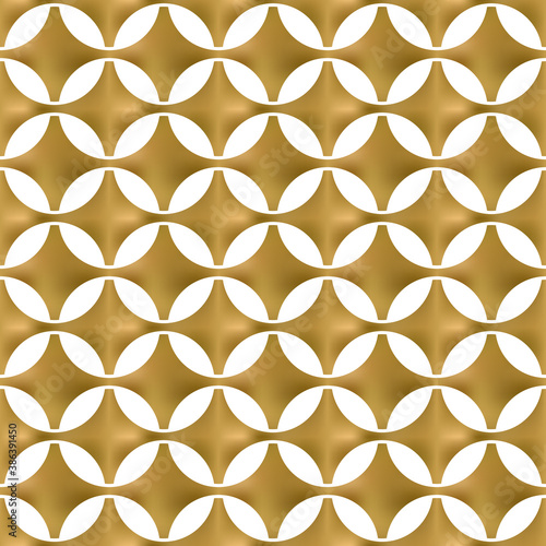 Abstract repeatable background of golden twisted shapes. Swatch of gold plexus of round cells. Modern seamless pattern.