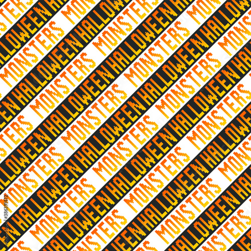 Seamless vector Halloween monsters signs patterns. Repeat orange signs on black and white stripes  background. For fabric  cover  wrapping  textile  web etc. 10 eps design.