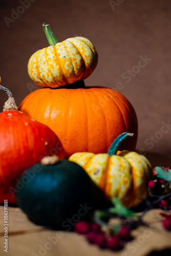 Bright pumpkins on the table on craft paper