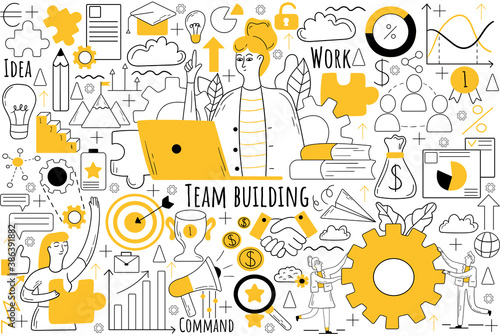 Team building doodle set. Collection of hand drawn sketches templates patterns of businesmen women clerks managers doing teamwork together. Corporate member communication and productive collaboration.