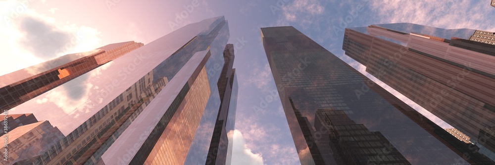 Skyscrapers and the sky, clouds and skyscrapers, high-rise buildings from below, skyscrapers against the background of clouds, 3D rendering