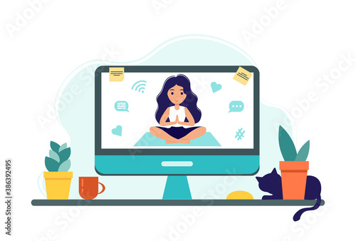 Online yoga concept with computer, plants and cat. Screen with girl in yoga lotus practices meditation. Vector illustration in flat style. Stay at home. Self-isolation.