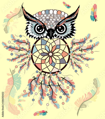 decorative dream catcher in graphic style with owl skull