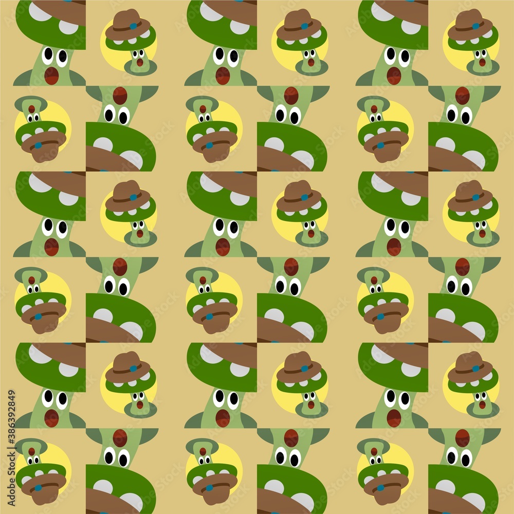 Obraz premium Green Mushroom Wearing a Hat While Opening its Mouth Cute Illustration, Cartoon Funny Character, Pattern Wallpaper 
