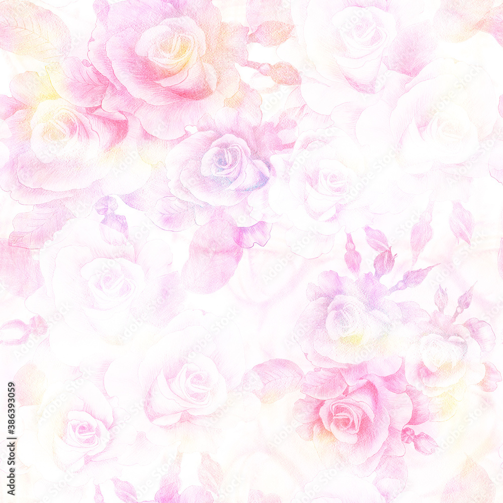 Fototapeta premium Roses. Watercolor drawing. Decorative composition on a watercolor background. Floral motifs. Seamless pattern. Use printed materials, signs, items, websites, maps, posters, postcards, packaging.
