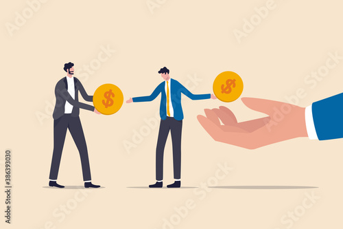 Living paycheck to paycheck, financial problem, get monthly income to pay for debt and loan or monthly expense concept, exhausted businessman salary man get dollar coin and pay it for creditor debt.