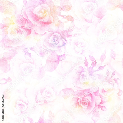 Roses. Watercolor drawing. Decorative composition on a watercolor background. Floral motifs. Seamless pattern. Use printed materials, signs, items, websites, maps, posters, postcards, packaging.