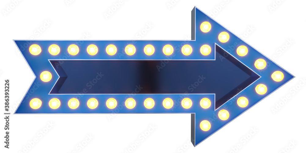 Blue arrow sign with electrical bulbs on white background
