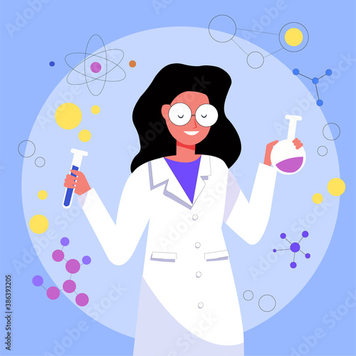 Female scientist. Holding Laboratory.Vaccine discovery concept. Scientists with flasks,  working on antiviral treatment development. Vector illustration in flat cartoon style.