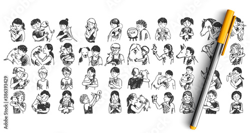 Kids with pets doodle set. Colelction of pen pencil ink hand drawn sketches templates pattern of children boys girls with domestic animals dogs cats horses pigs hamsters. Illustration of human friends