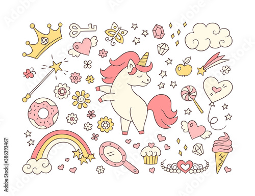 Cute unicorn and set of magic objects. Shooting star, rainbow, tiara and magic wand in doodle style. Hand drawn vector illustration on white background
