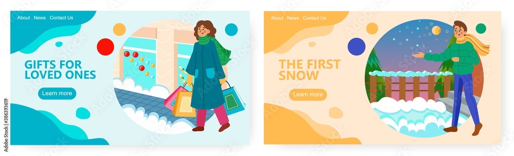 Winter holiday season vector concept illustration. Christmas sale, woman with shopping bags buy gifts. Man enjoys first winter snow. Web site design template