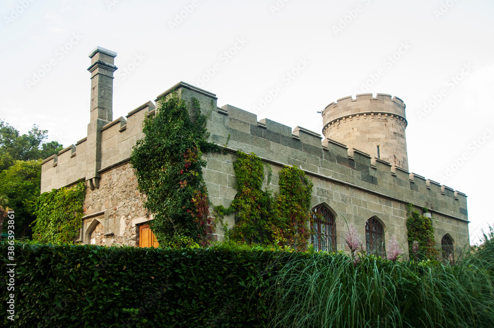 Stone building with battlements and towers covered with green ivy. Arched windows in the wall of the gray stone castle. Topiary garden in the Vorontsov Palace.