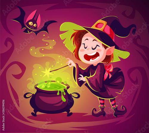 Cute cartoon witch character. Happy halloween vector illustration. Character concept art. Witch cooking poison in a cauldron. Spooky witchcraft. Flying bat.