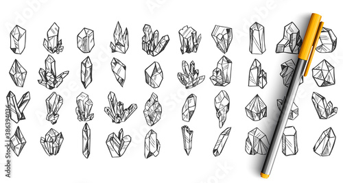 Crystals doodle set. Collection of pen pencil ink hand drawn sketches templates patterns of crystalline structure stones minerals jewelry amethyst ruby diamond isolated in line. Gemstone illustration.
