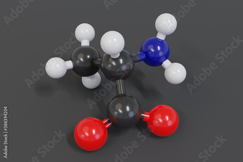 Alanine  L-alanine  Ala  A  amino acid molecule. 3D rendering.