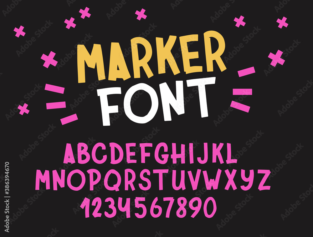 Marker font. Typography alphabet. Handwritten script for party celebration and crafty design.