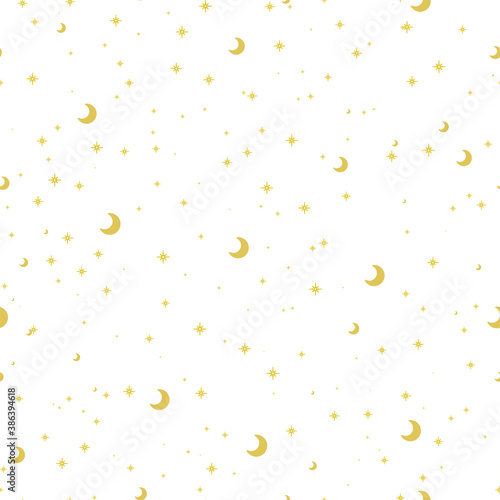 Vector simple magic seamless pattern with gold stars and moon on a white background. Bohemian female mystical style. Textile fabric printing. 