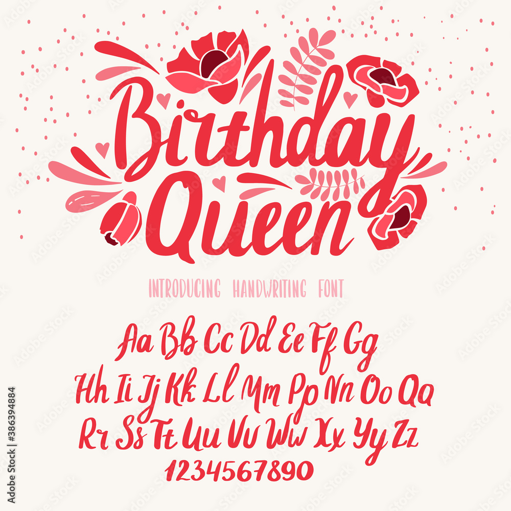Happy birthday font. Typography alphabet with colorful romantic illustrations.